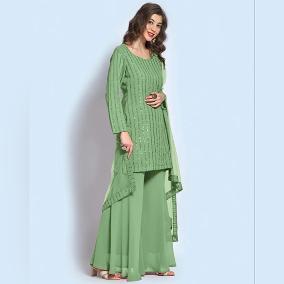 Faux Georgette Sequence Embroidered Semi Stitched Kurta, Sharara and Dupatta Set - Picture 3 of 12